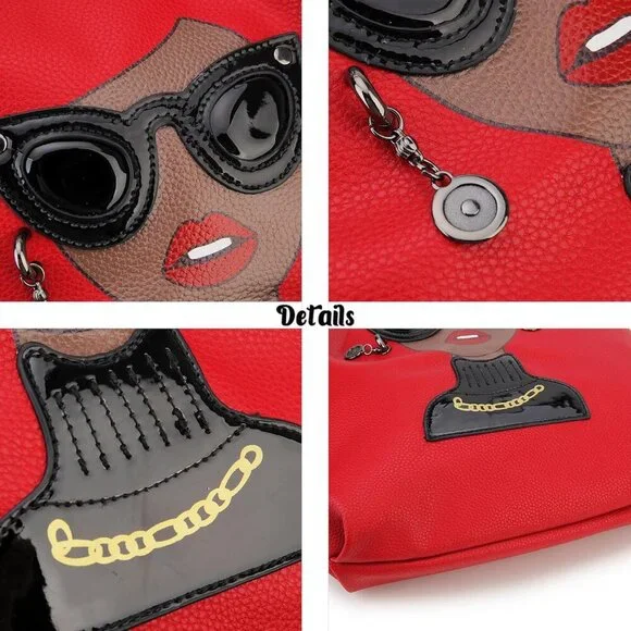 Women Novelty Lady Face Satchel Handbag Fashion Top Handle Tote Bag Red B